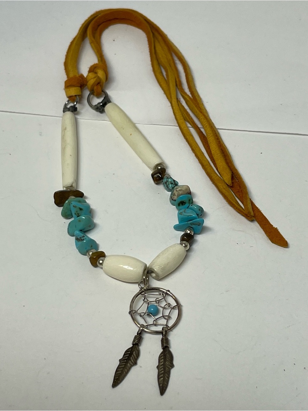 Bone Bead Choker Necklace Turquoise Dreamcatcher Native American Style Handmade